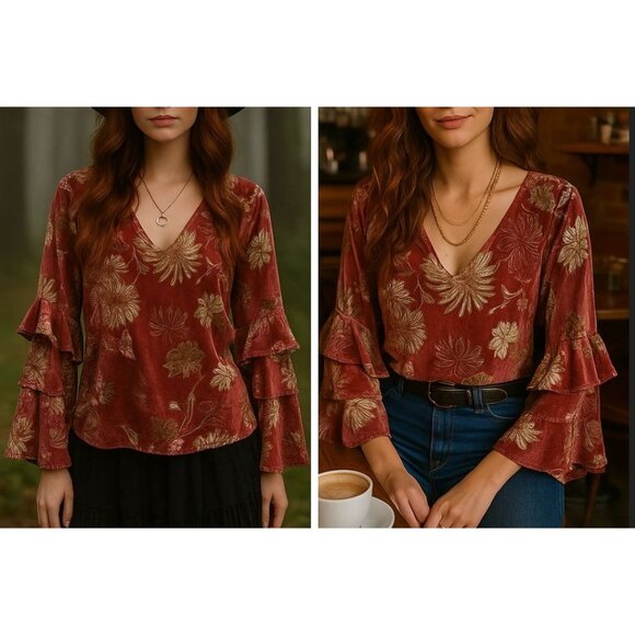 Miss Me Womens Floral Velvet Ruffle Sleeve Top S Cottagecore Boho Whimsygoth - Picture 2 of 12